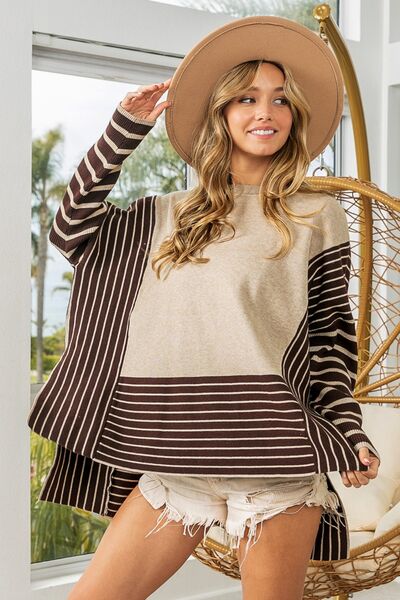 BiBi Striped Contrast Long Sleeve Slit Top king-general-store-5710.myshopify.com