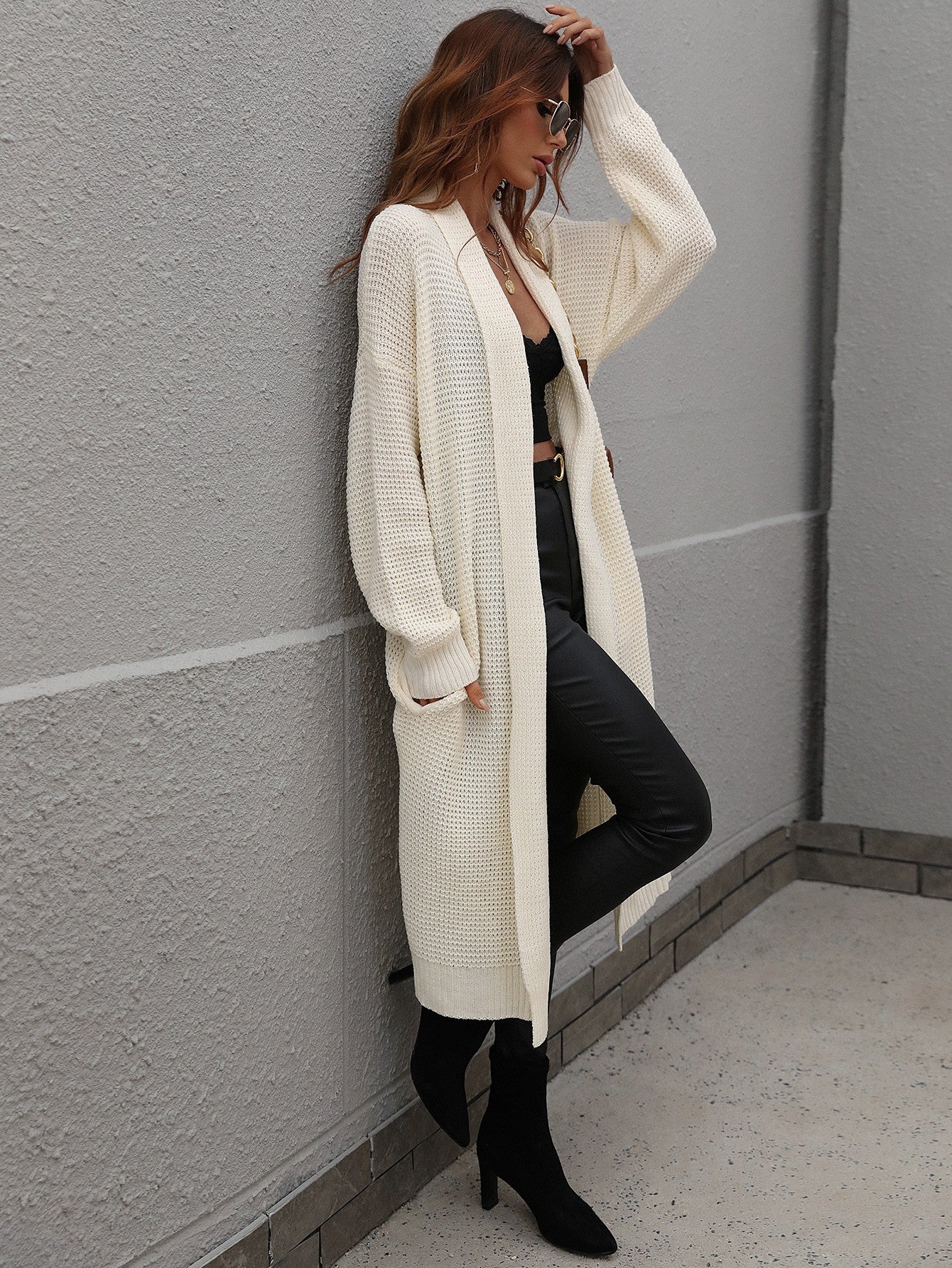 Double Take Waffle Knit Open Front Duster Cardigan With Pockets king-general-store-5710.myshopify.com