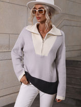 Double Take Color Block Half-Zip Dropped Shoulder Knit Pullover king-general-store-5710.myshopify.com