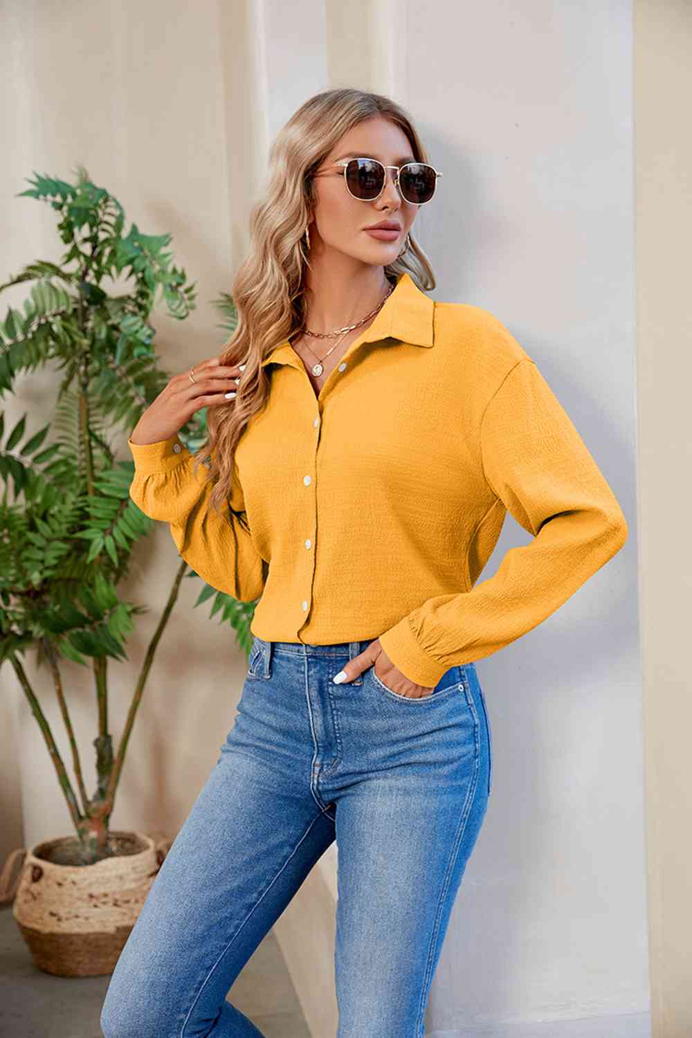 Collared Neck Buttoned Long Sleeve Shirt king-general-store-5710.myshopify.com