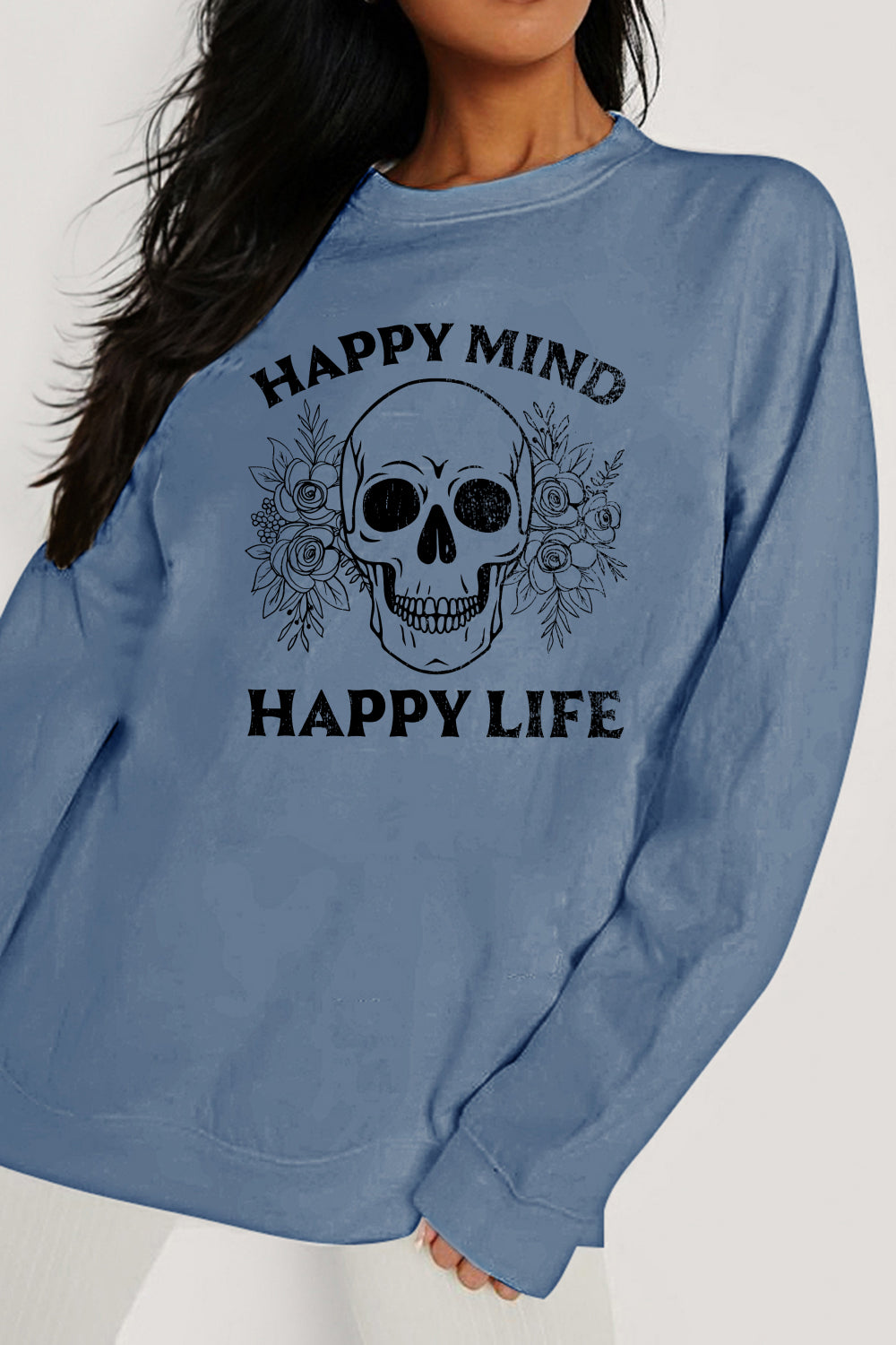 Simply Love Simply Love Full Size HAPPY MIND HAPPY LIFE SKULL Graphic Sweatshirt king-general-store-5710.myshopify.com