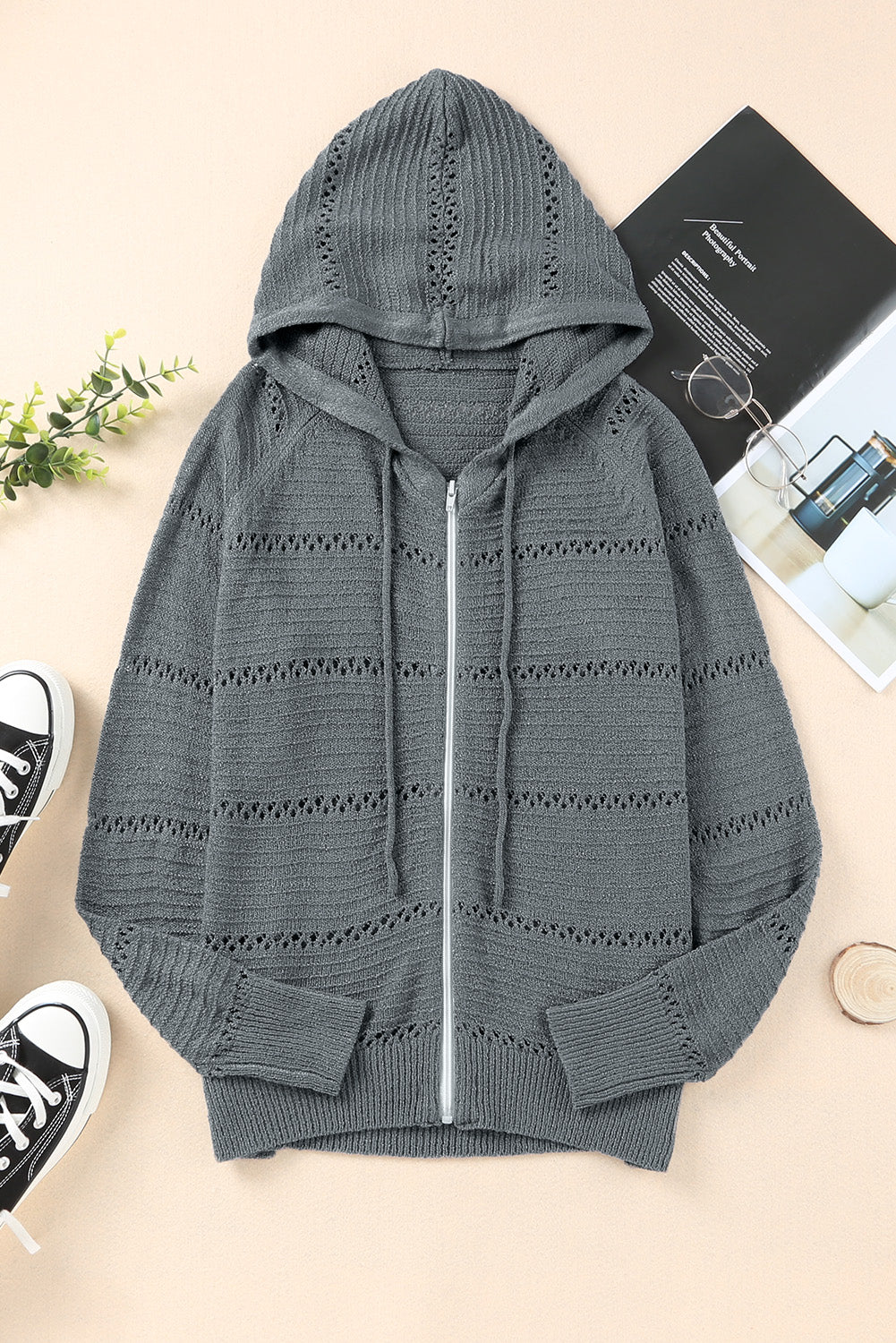 Zip-Up Raglan Sleeve Openwork Hooded Cardigan king-general-store-5710.myshopify.com