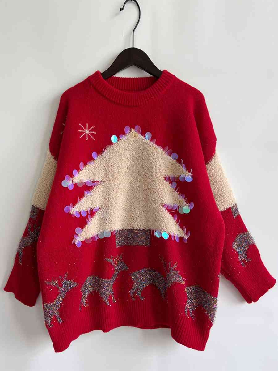 Sequin Christmas Tree & Reindeer Round Neck Sweater king-general-store-5710.myshopify.com