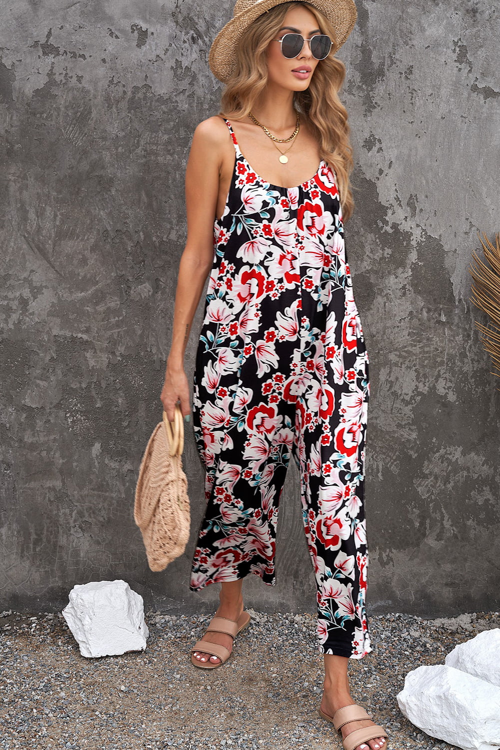 Botanical Print Spaghetti Strap Cropped Jumpsuit king-general-store-5710.myshopify.com