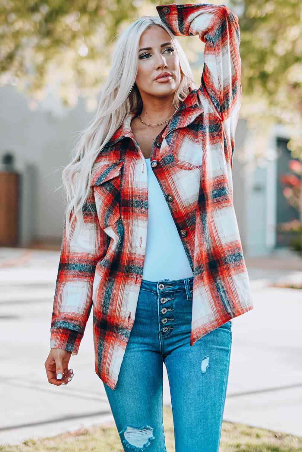 Double Take Plaid Button Up Shirt Jacket with Pockets king-general-store-5710.myshopify.com