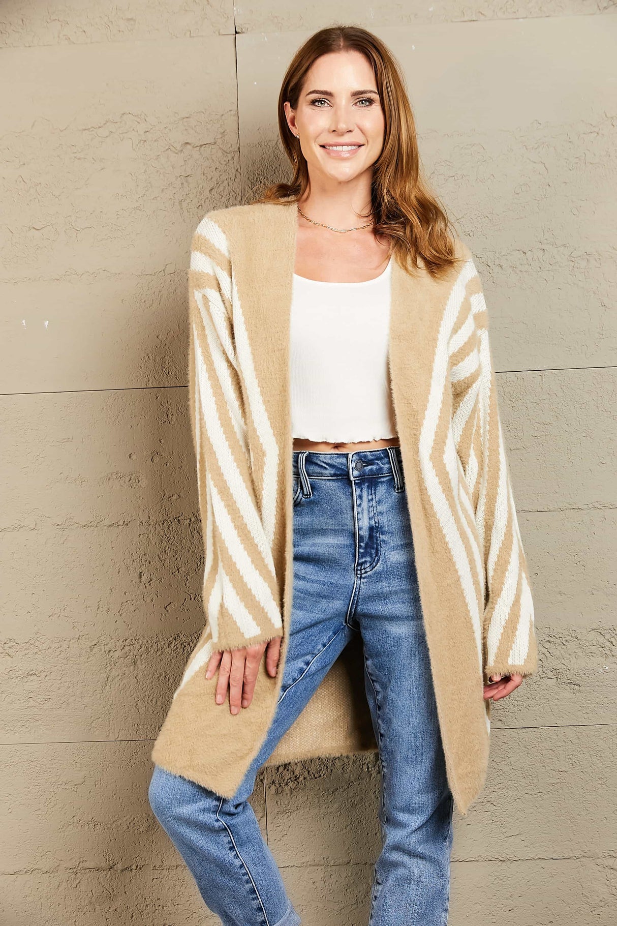 Woven Right Two-Tone Open Front Fuzzy Longline Cardigan king-general-store-5710.myshopify.com