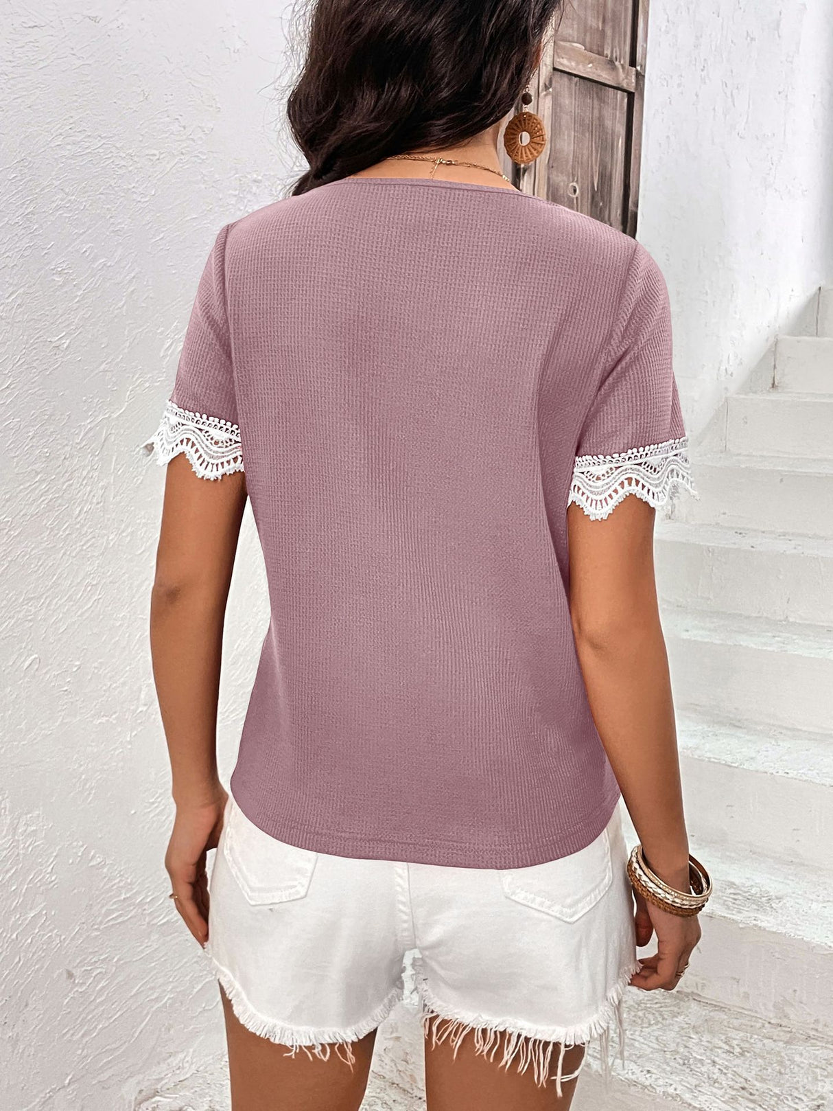 Decorative Button Spliced Lace Short Sleeve Top king-general-store-5710.myshopify.com