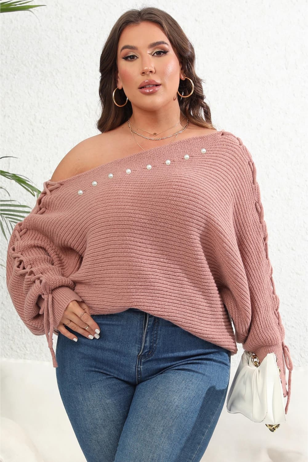 Plus Size One Shoulder Beaded Sweater king-general-store-5710.myshopify.com