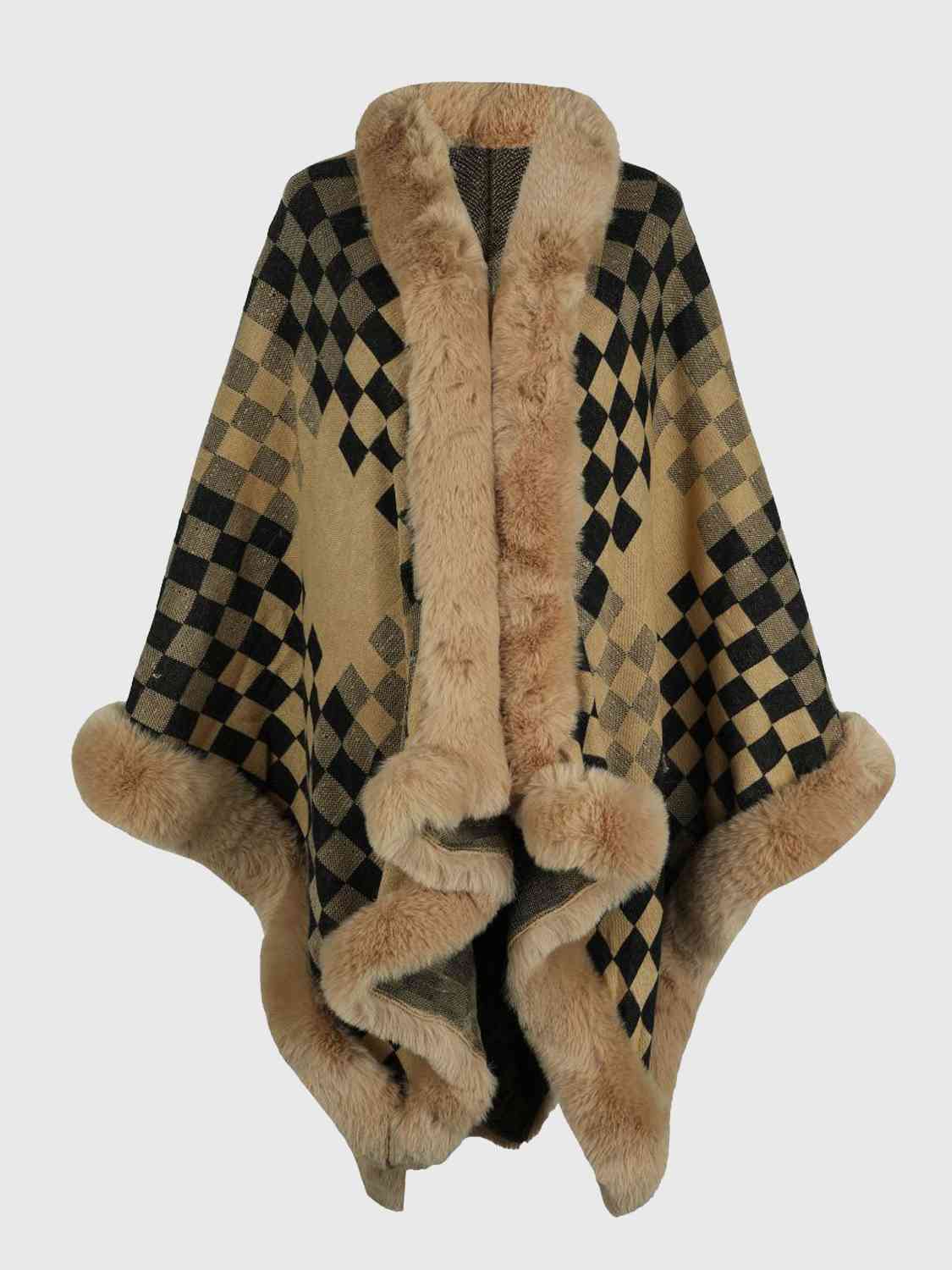 Checkered Faux Fur Trim Poncho king-general-store-5710.myshopify.com