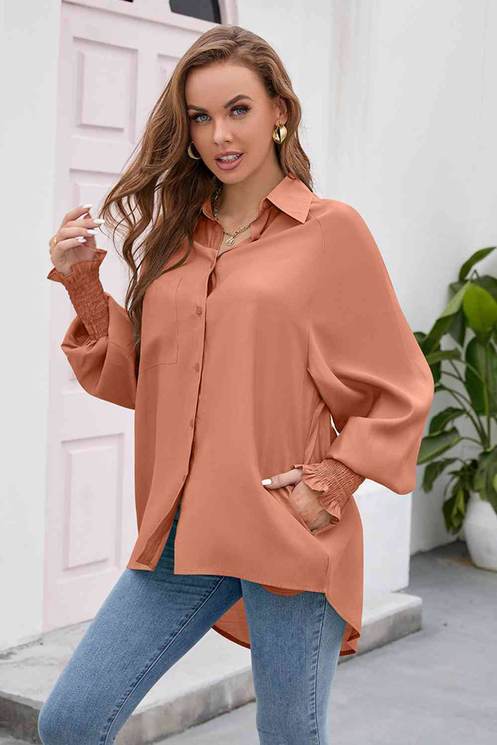 High-Low Collared Neck Lantern Sleeve Shirt king-general-store-5710.myshopify.com