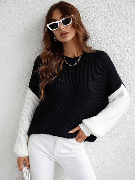 Two-Tone Rib-Knit Dropped Shoulder Sweater king-general-store-5710.myshopify.com