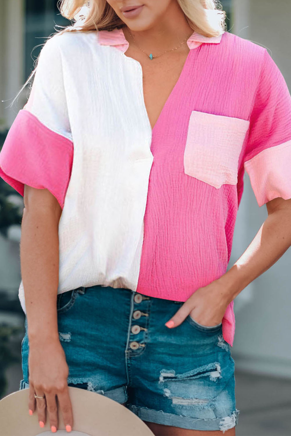 Color Block Textured Johnny Collar Blouse king-general-store-5710.myshopify.com