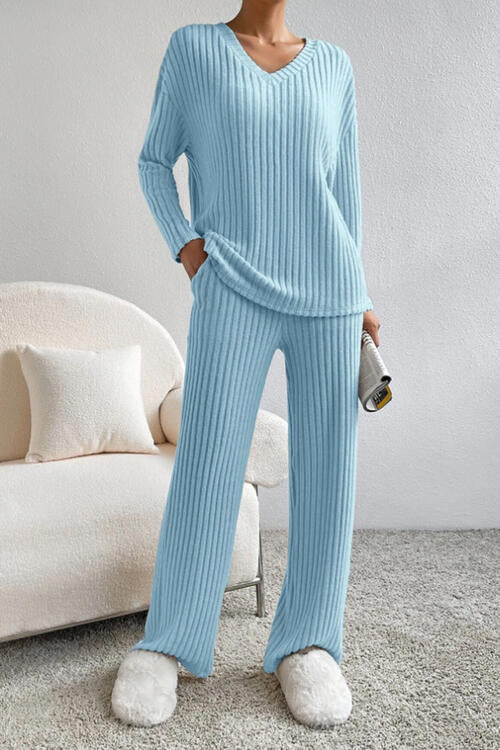 Ribbed V-Neck Top and Pants Set king-general-store-5710.myshopify.com