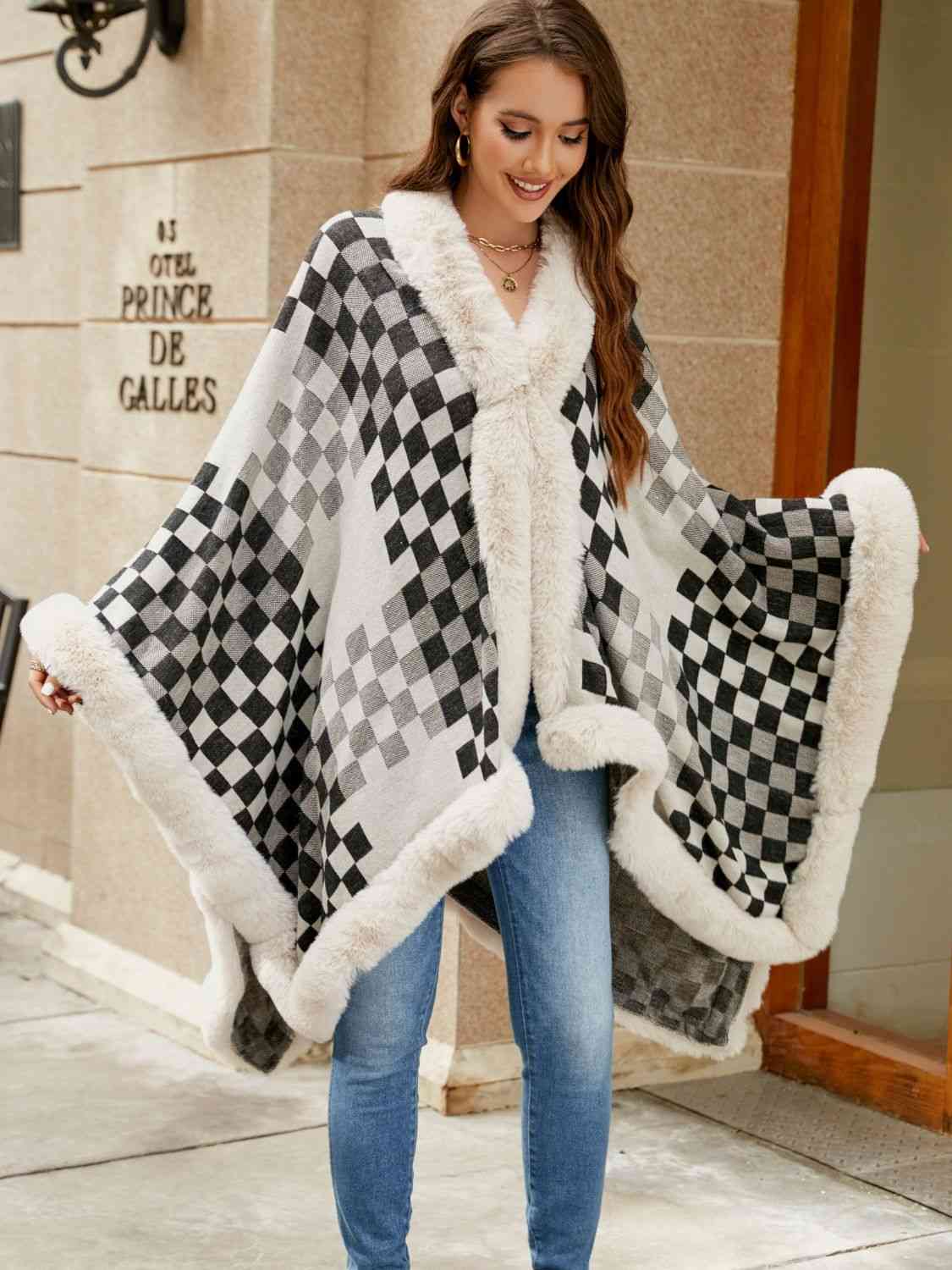 Checkered Faux Fur Trim Poncho king-general-store-5710.myshopify.com