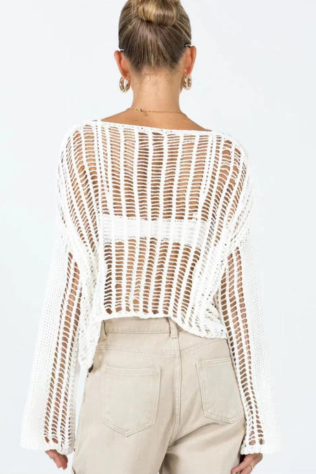 Openwork Boat Neck Long Sleeve Cover Up king-general-store-5710.myshopify.com