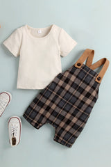 Baby Round Neck Tee and Plaid Overalls Set - Kings Crown Jewel Boutique