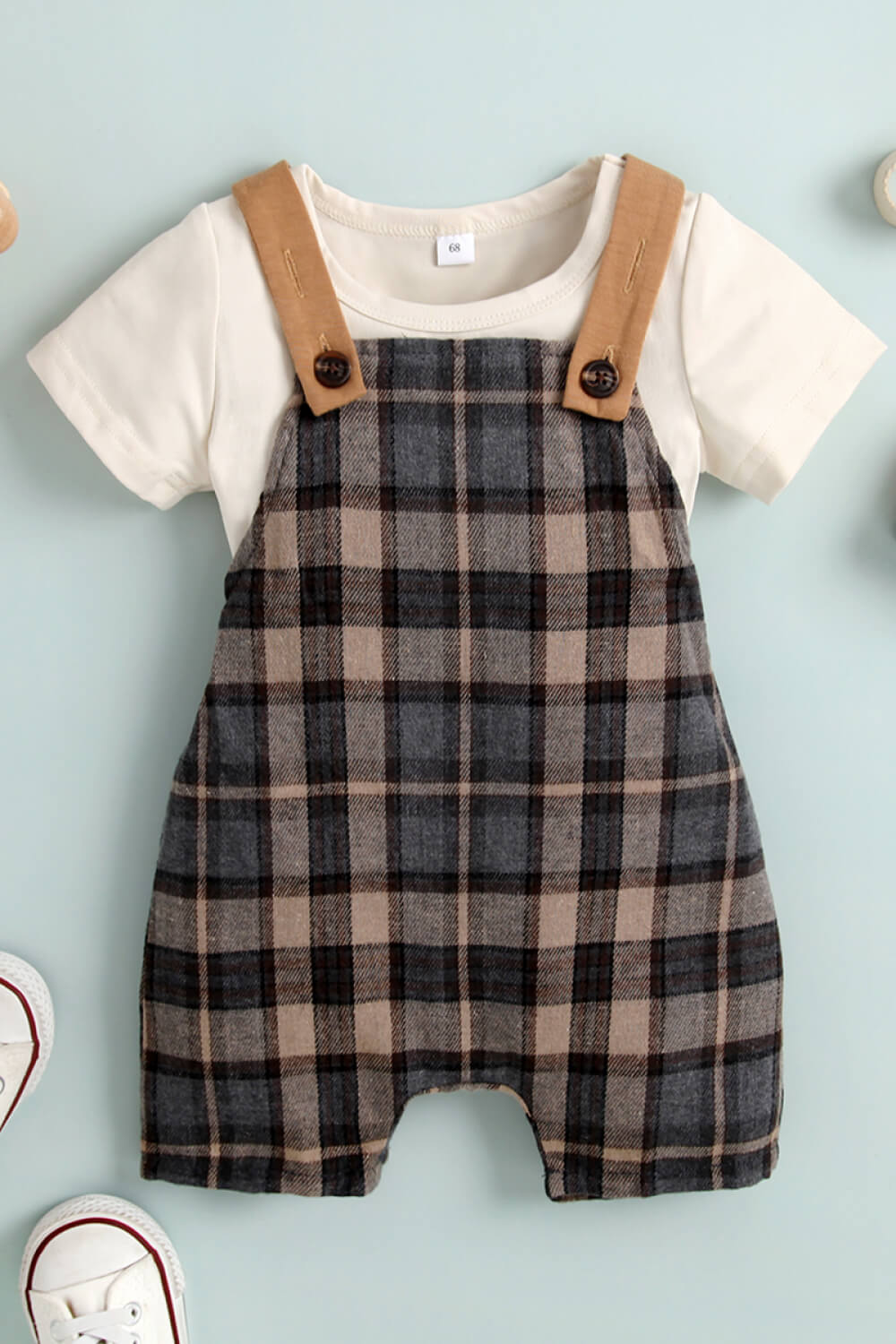 Baby Round Neck Tee and Plaid Overalls Set - Kings Crown Jewel Boutique