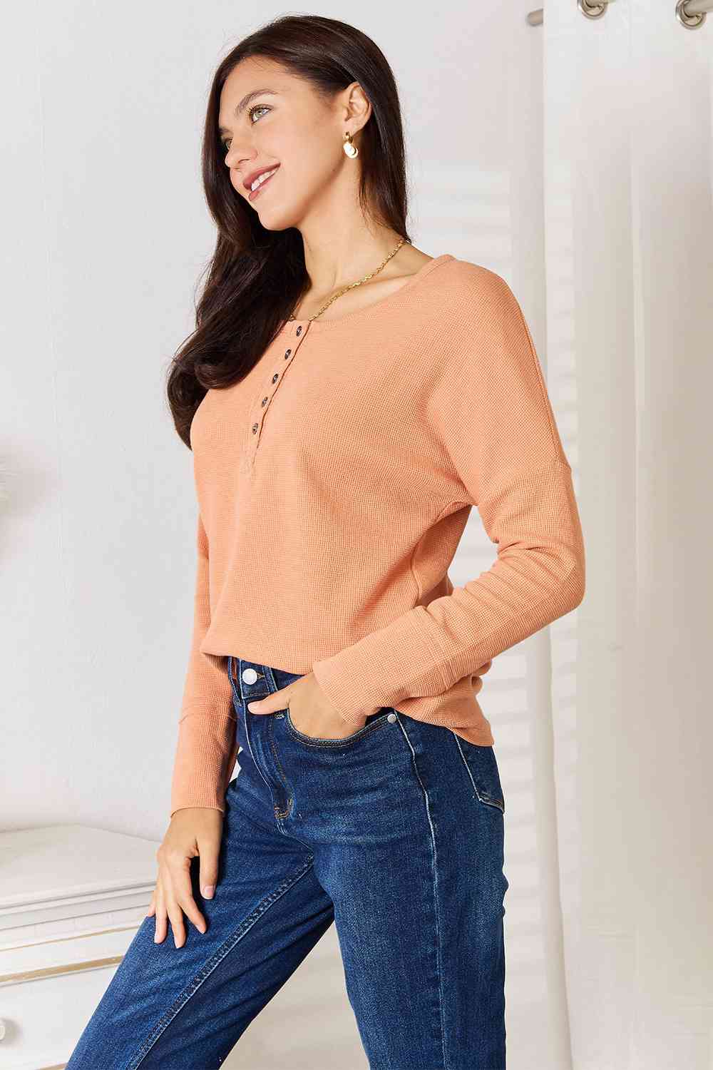 Basic Bae Half Button Long Sleeve Top - Kings Crown Jewel Boutique