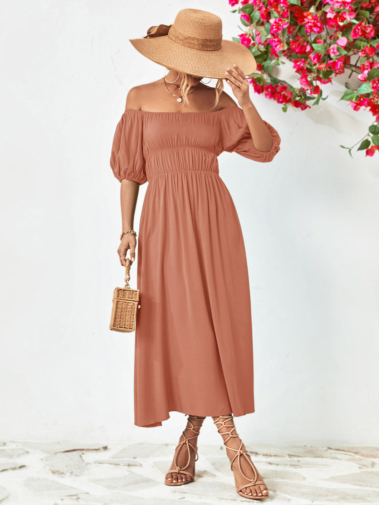 Off-Shoulder Balloon Sleeve Midi Dress king-general-store-5710.myshopify.com