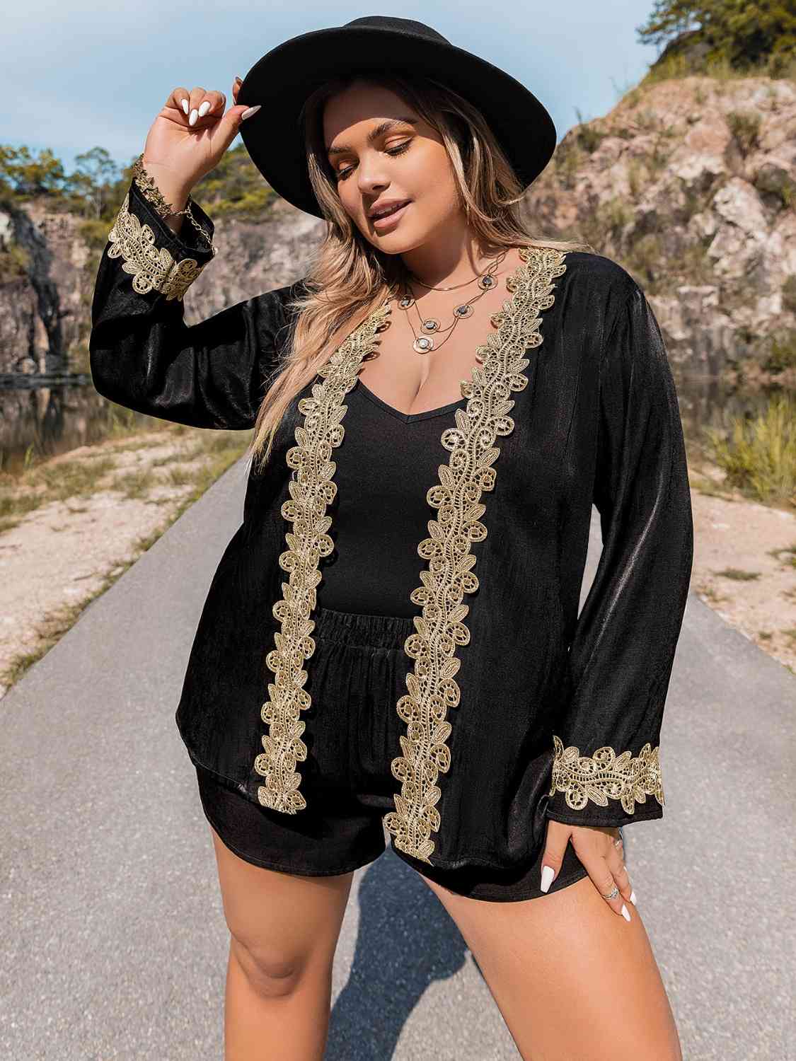 Plus Size Contrast Long Sleeve Top and Shorts Set king-general-store-5710.myshopify.com