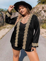 Plus Size Contrast Long Sleeve Top and Shorts Set king-general-store-5710.myshopify.com