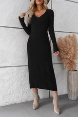 V-Neck Long Sleeve Ribbed Sweater Dress king-general-store-5710.myshopify.com