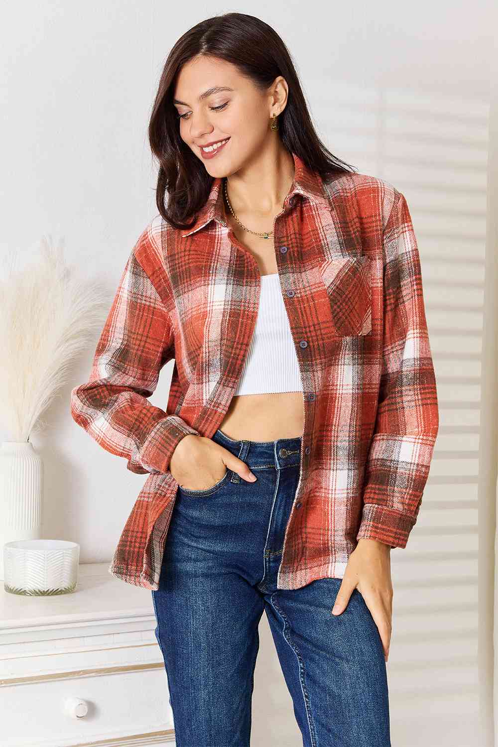 Double Take Plaid Collared Neck Long Sleeve Shirt king-general-store-5710.myshopify.com