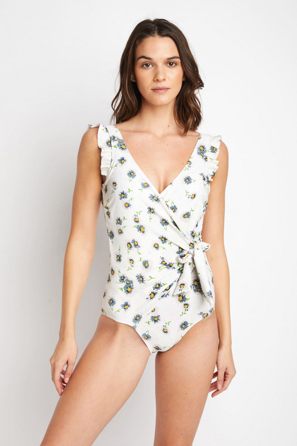 Marina West Swim Float On Ruffle Faux Wrap One-Piece in Daisy Cream king-general-store-5710.myshopify.com