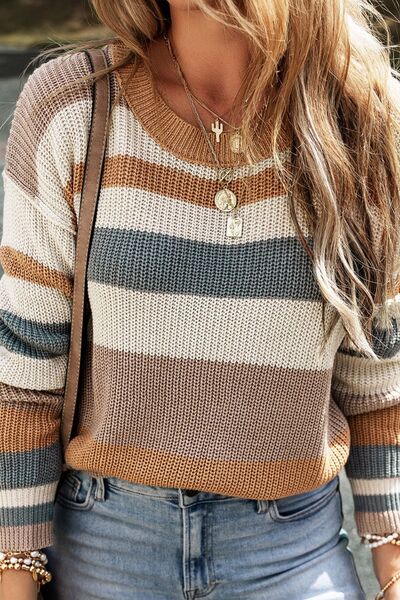 Striped Round Neck Dropped Shoulder Sweater king-general-store-5710.myshopify.com