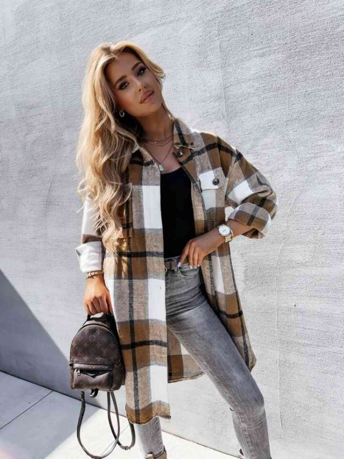 Plaid Collared Neck Longline Shirt king-general-store-5710.myshopify.com