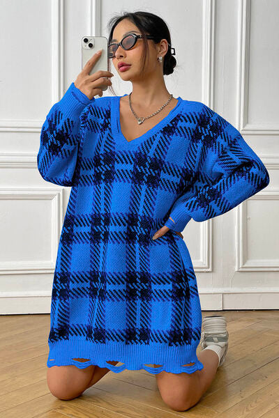 Plaid V-Neck Long Sleeve Sweater Dress king-general-store-5710.myshopify.com