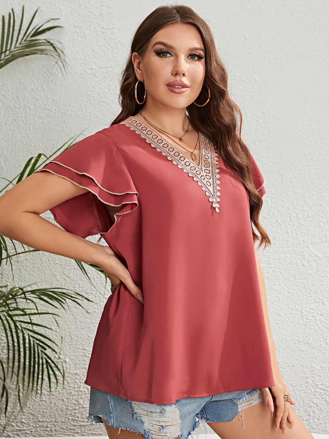 Plus Size Contrast V-Neck Layered Flutter Sleeve Blouse king-general-store-5710.myshopify.com