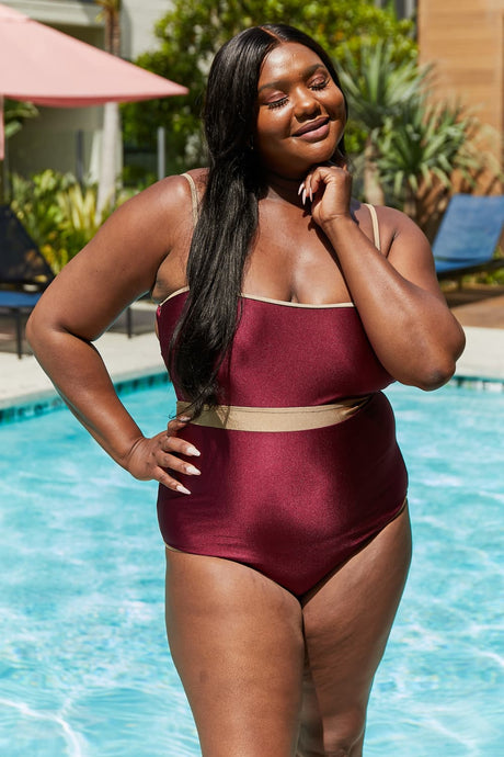 Marina West Swim Wave Break Contrast Trim One-Piece in Wine king-general-store-5710.myshopify.com