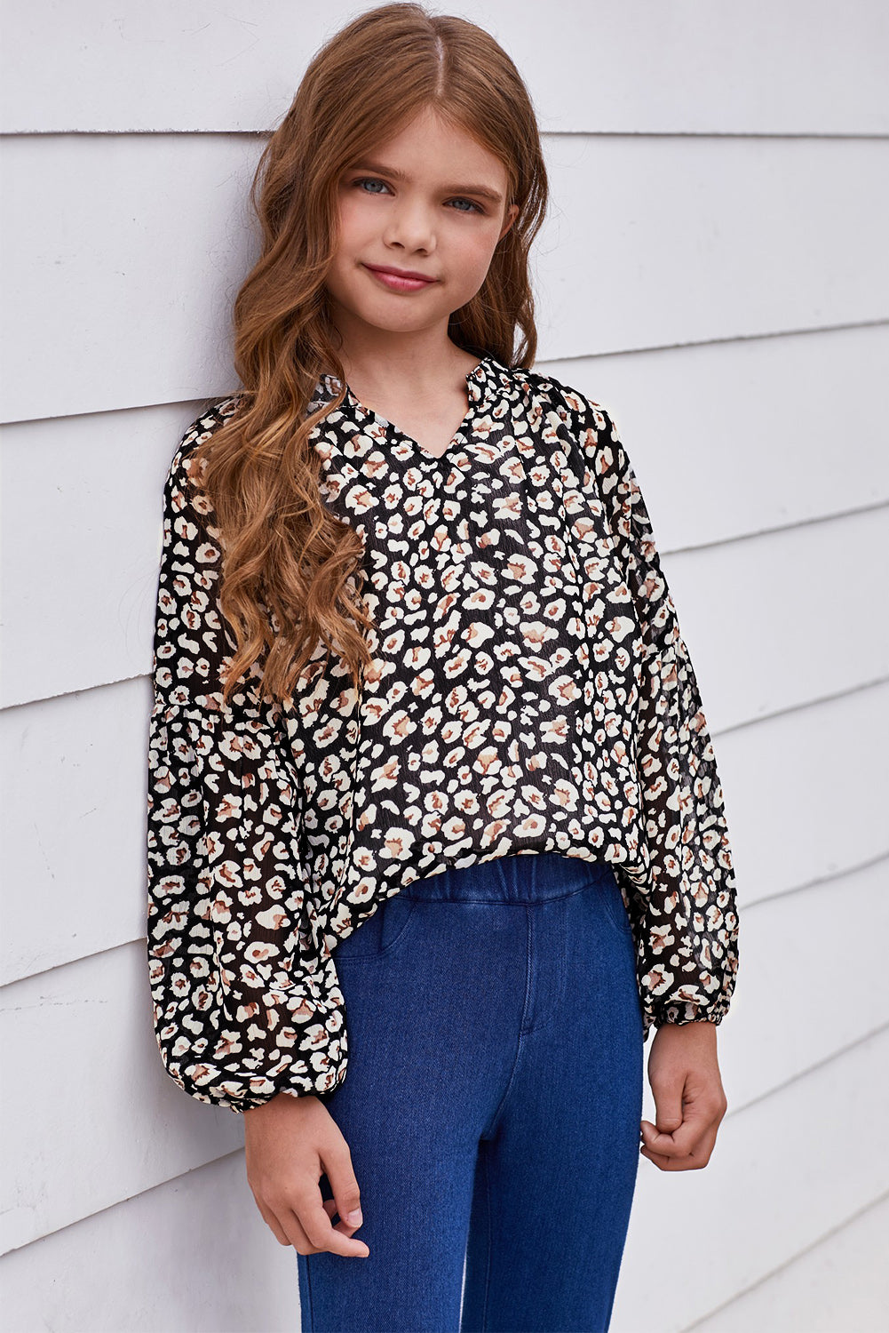 Girls Printed Notched Neck Puff Sleeve Blouse king-general-store-5710.myshopify.com