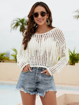 Fringe Trim Openwork Long Sleeve Cover-Up king-general-store-5710.myshopify.com