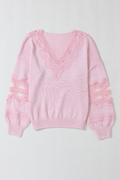 Openwork V-Neck Raglan Sleeve Sweater king-general-store-5710.myshopify.com