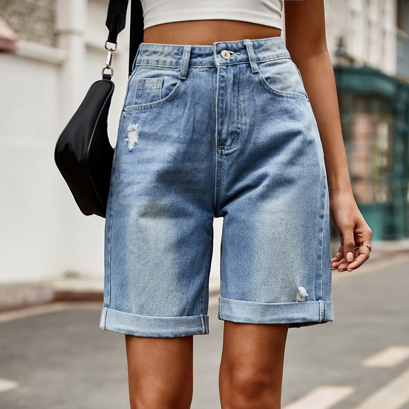 Distressed Buttoned Denim Shorts with Pockets king-general-store-5710.myshopify.com