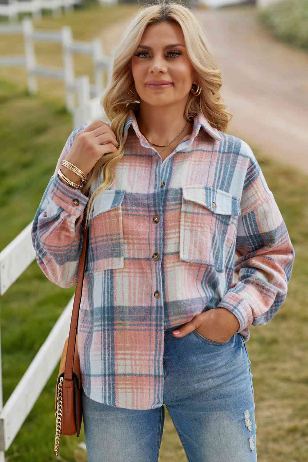 Double Take Plaid Dropped Shoulder Shacket king-general-store-5710.myshopify.com