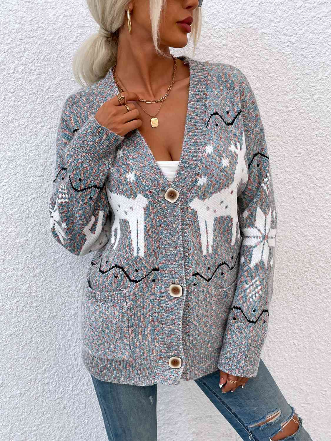 Reindeer Button Down Cardigan with Pockets king-general-store-5710.myshopify.com