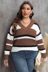 Plus Size Striped V-Neck Dropped Shoulder Sweater king-general-store-5710.myshopify.com