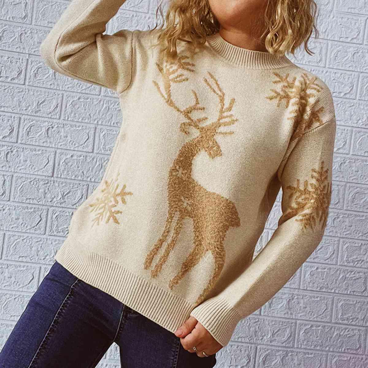 Reindeer and Snowflake Pattern Sweater king-general-store-5710.myshopify.com