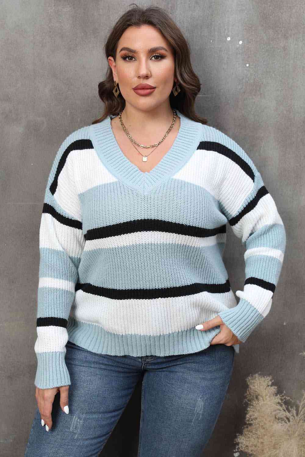 Plus Size Striped V-Neck Dropped Shoulder Sweater king-general-store-5710.myshopify.com