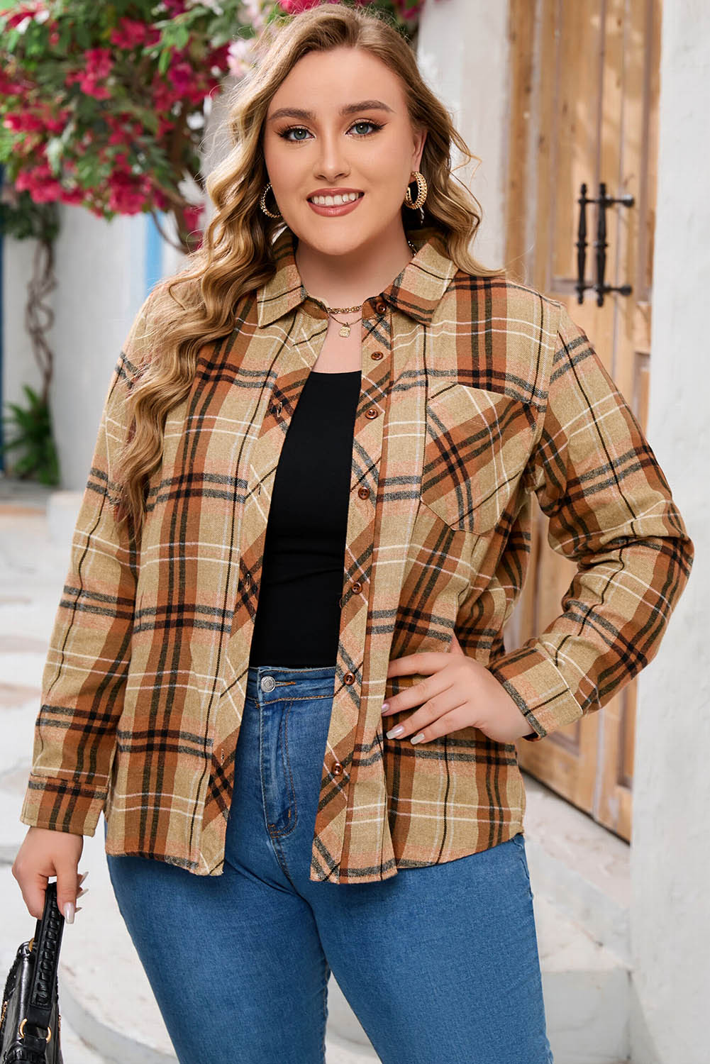 Plus Size Plaid Collared Neck Long Sleeve Shirt king-general-store-5710.myshopify.com