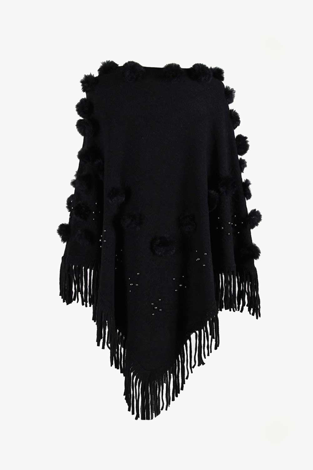 Bead Trim Boat Neck Fringed Poncho - Kings Crown Jewel Boutique