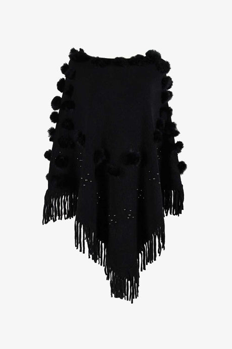 Bead Trim Boat Neck Fringed Poncho - Kings Crown Jewel Boutique