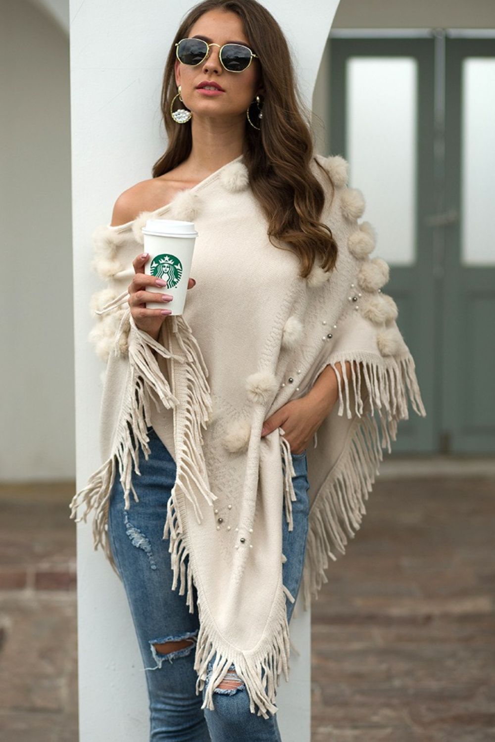 Bead Trim Boat Neck Fringed Poncho - Kings Crown Jewel Boutique