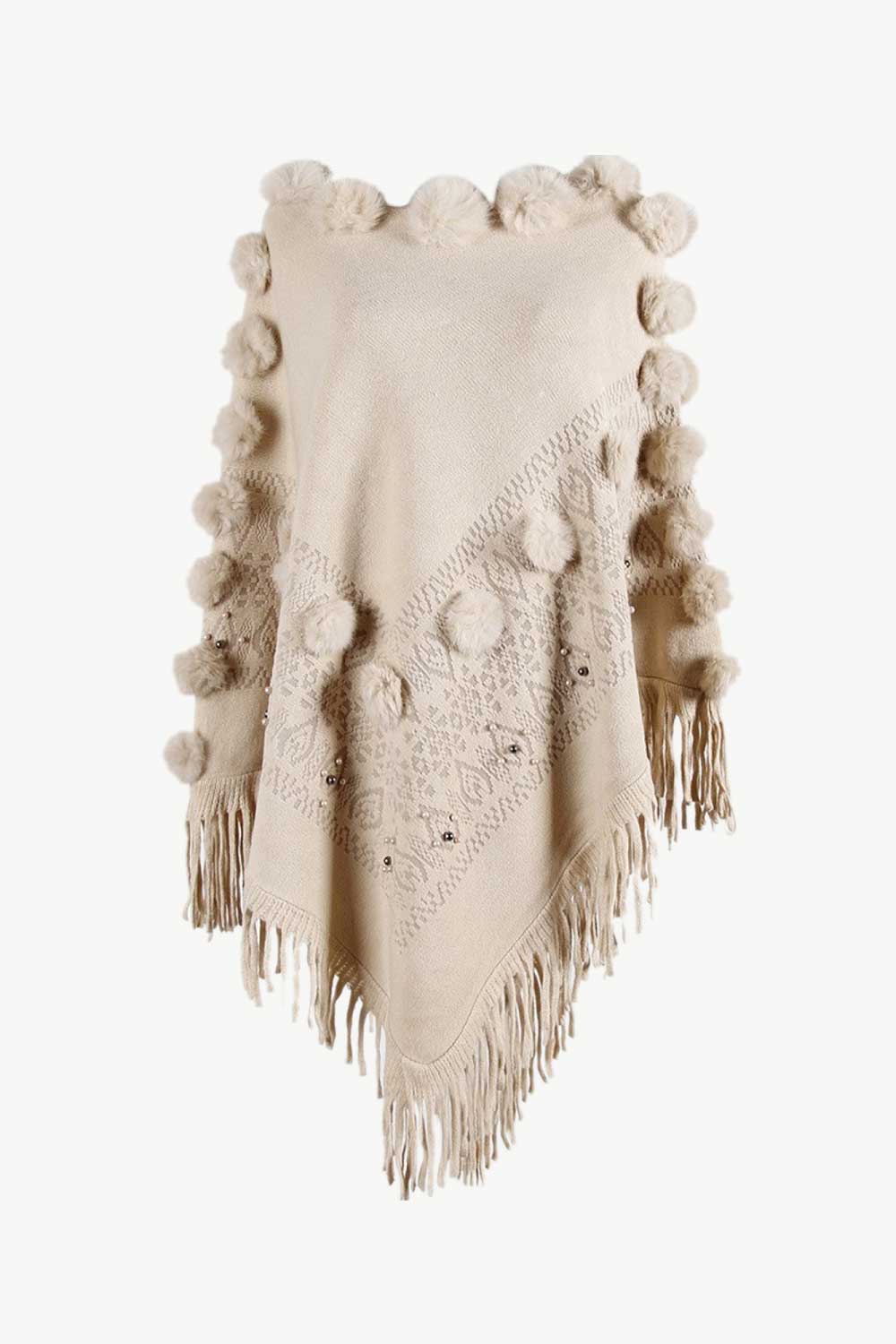 Bead Trim Boat Neck Fringed Poncho - Kings Crown Jewel Boutique