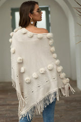 Bead Trim Boat Neck Fringed Poncho - Kings Crown Jewel Boutique