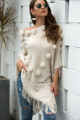 Bead Trim Boat Neck Fringed Poncho - Kings Crown Jewel Boutique