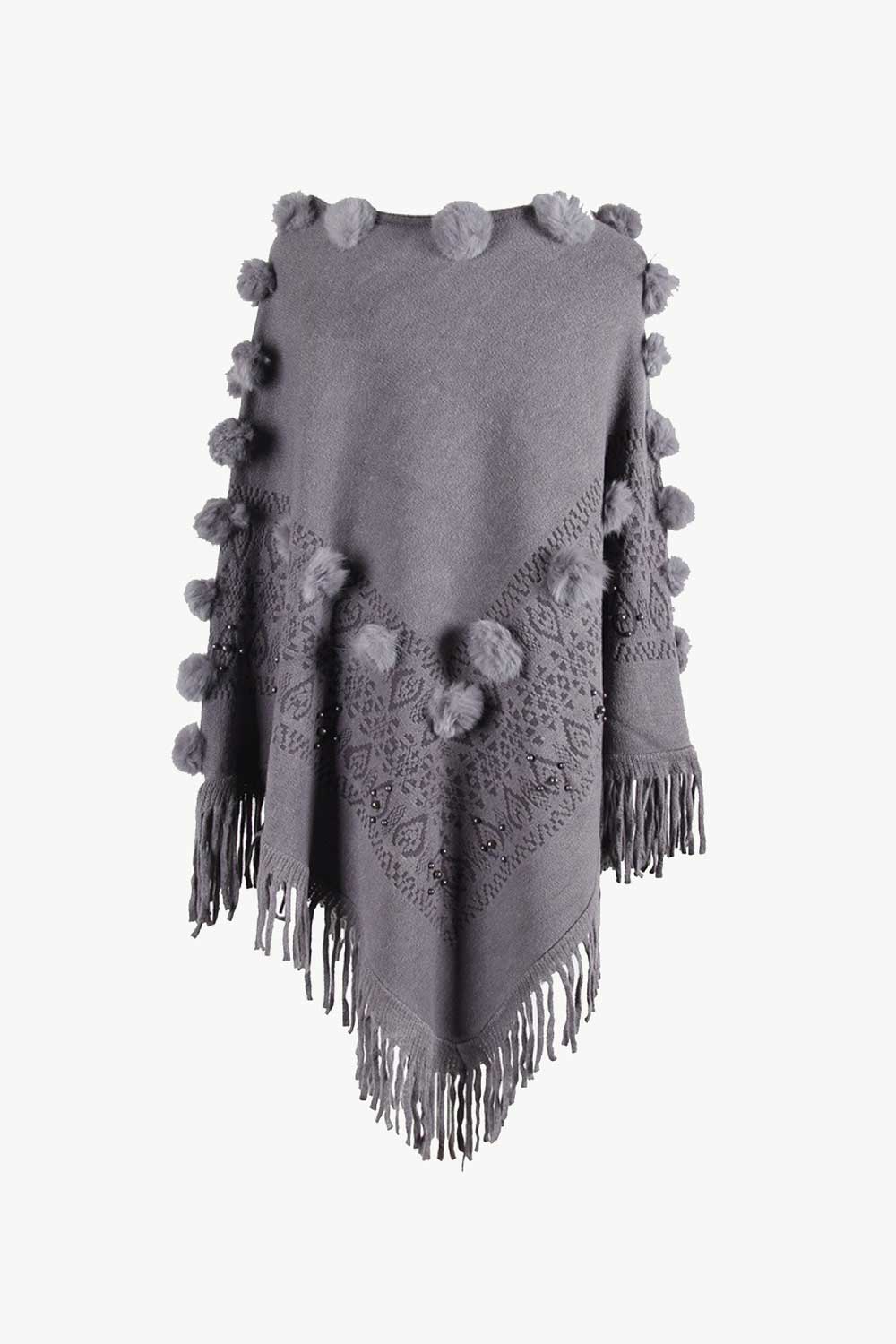 Bead Trim Boat Neck Fringed Poncho - Kings Crown Jewel Boutique